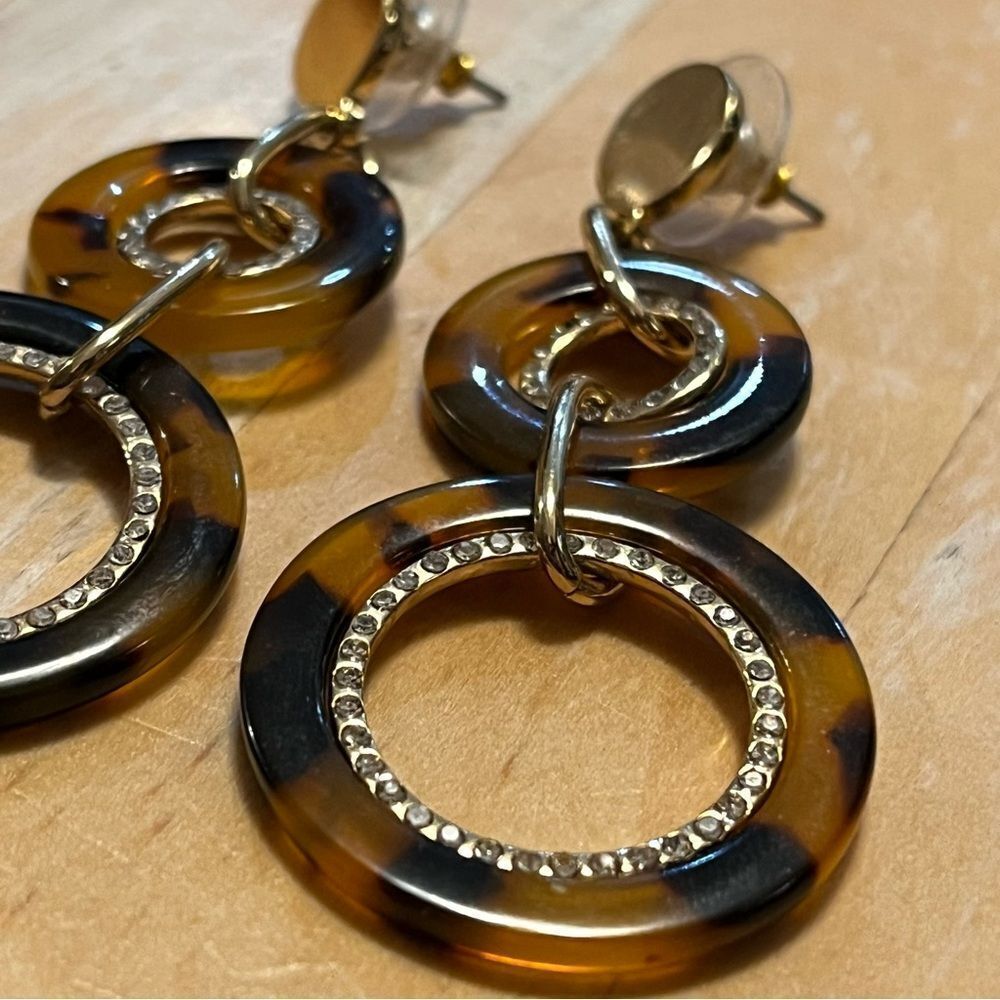 Tortoise Resin and Rhinestone Dangle Earrings Post Style